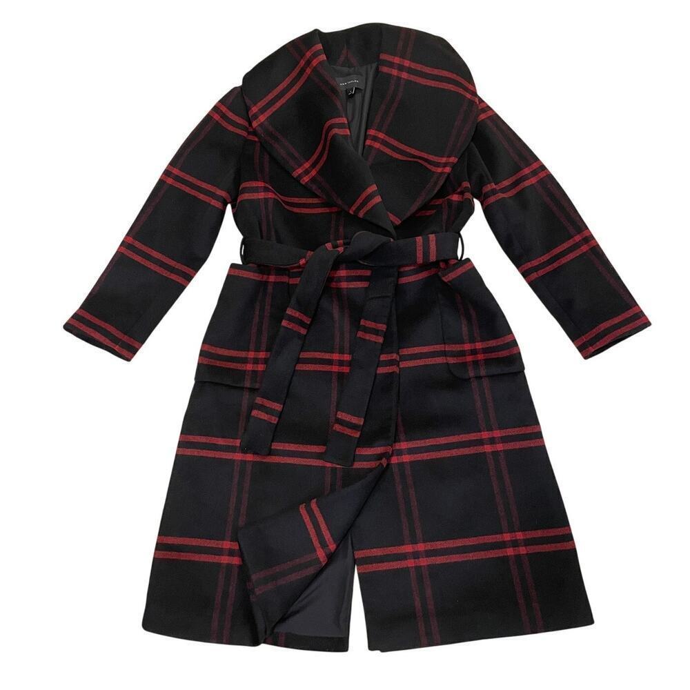 Ann Taylor Wool Blend Plaid Long Coat | Double Breasted Black Gray Red NWOT $300 - Picture 3 of 14